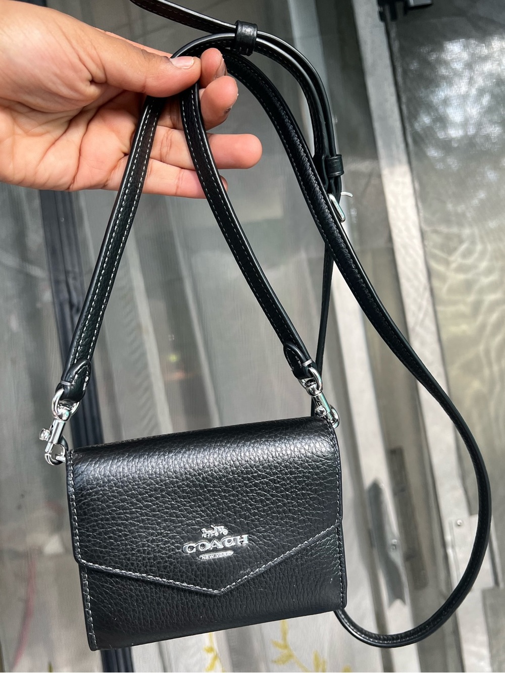 Coach Black Pebbled Leather Crossbody Wallet with Silver Hardware